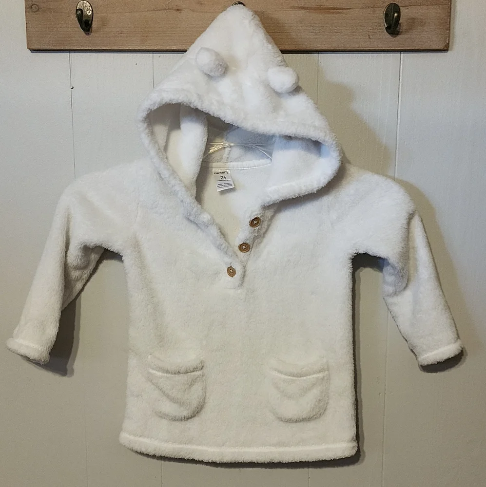Carter's Girls White Fleece Pullover Shirt 2T Hooded Little Ears Soft‎ Warm B71